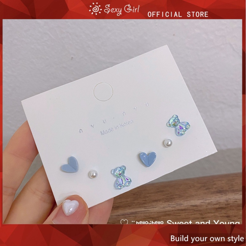 Set 3 đôi bông tai bằng gốm + bạc S925 đính ngọc trai giả màu sắc thời trang quyến rũ cho nữ