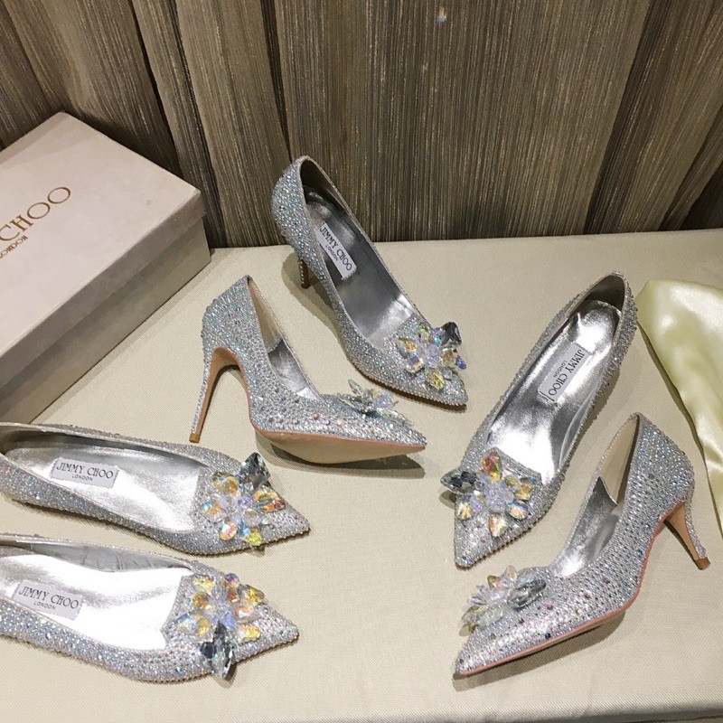 giày cao gót mũi nhọn Jimmy choo da thật đính đá cao cấp sang trọng