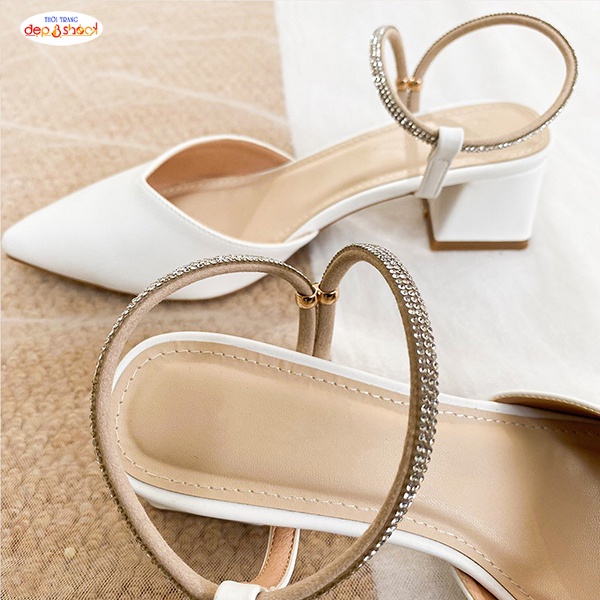 Giày cao gót bít mũi gót vuông 5 phân hậu chéo Đính đá thời trang BIG SIZE 42 43 MS G208