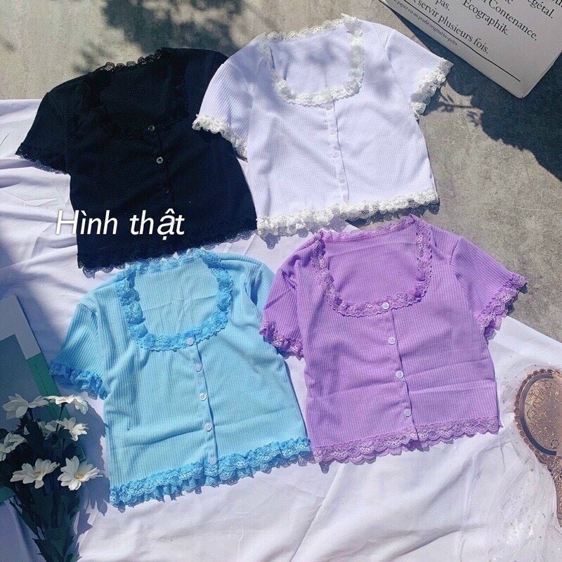 👻Áo Croptop Gân Nút Phối Ren