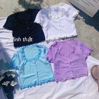 👻áo croptop gân nút phối ren