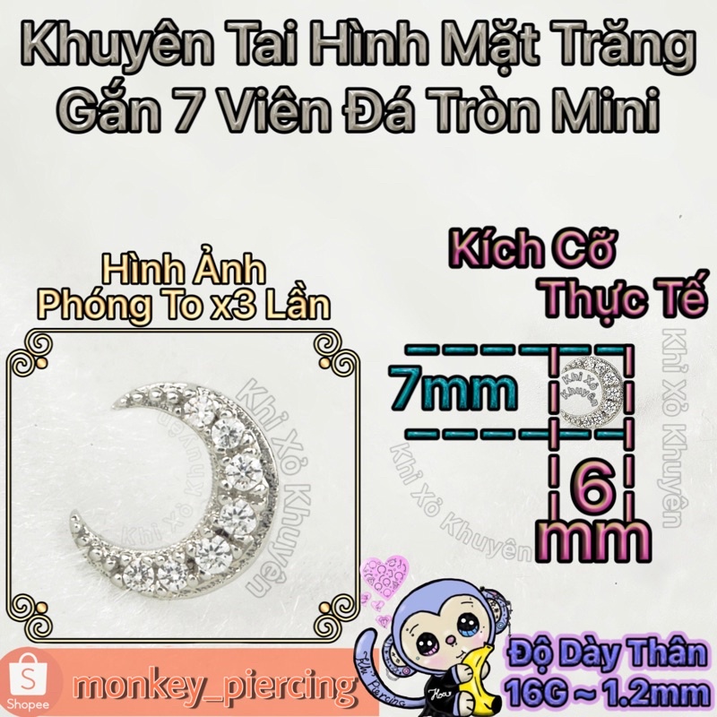 Khuyên Tai Gắn Đá Hình Mặt Trăng ( Giá bán là 1 chiếc )