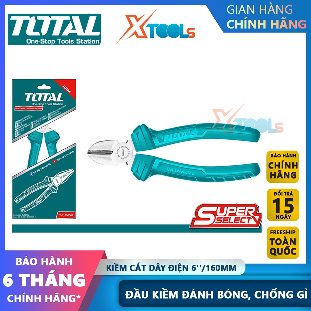 Kềm cắt 6''/160mm TOTAL THT130612, đầu kềm đánh bóng và chống rỉ, cán cầm bằng nhựa chống trơn trượt- CHÍNH HÃNG- XTOOLS
