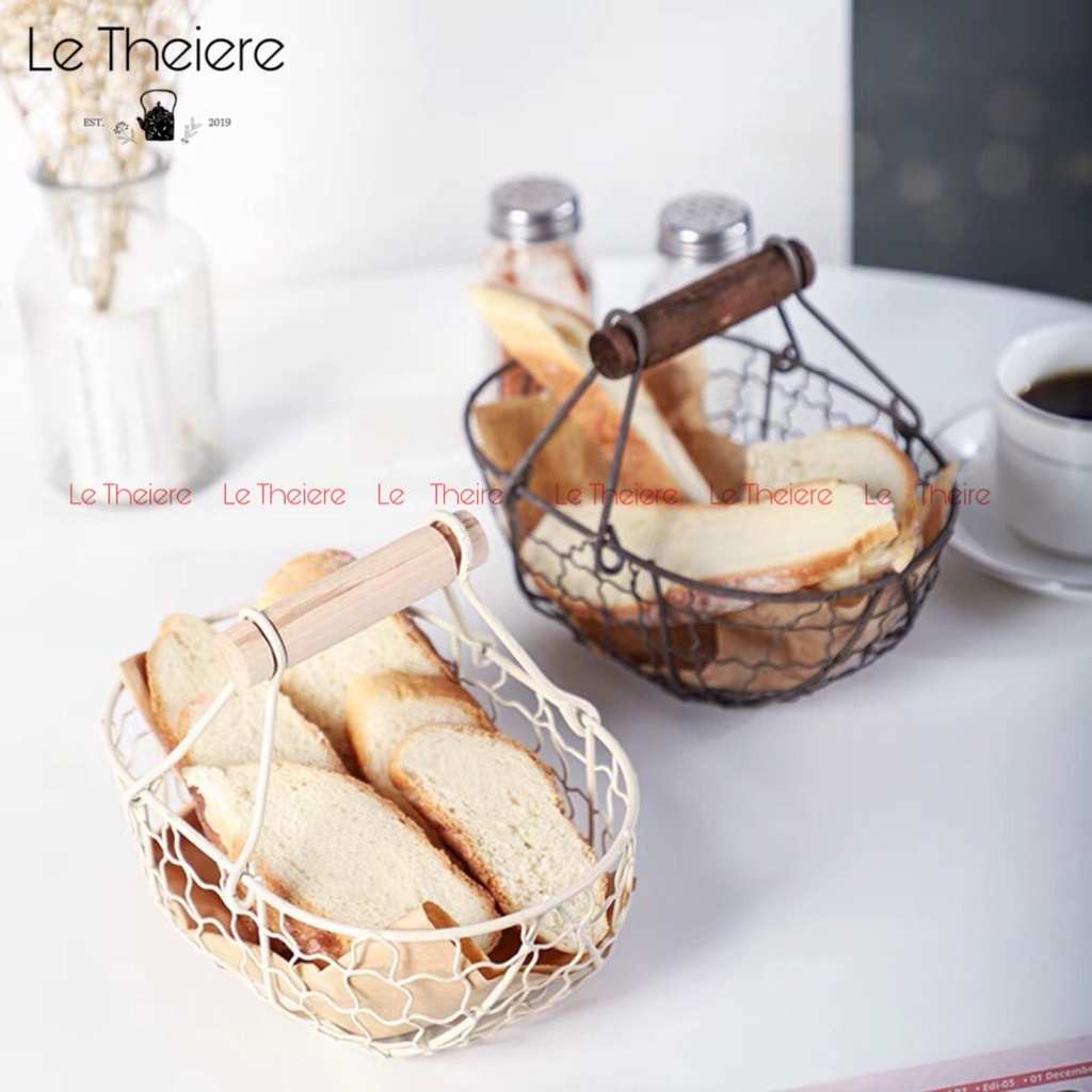 Giỏ Đựng Đồ Đựng Trái Cây Bằng Sắt Tay Cầm Gỗ Dáng Retro Cổ Điển