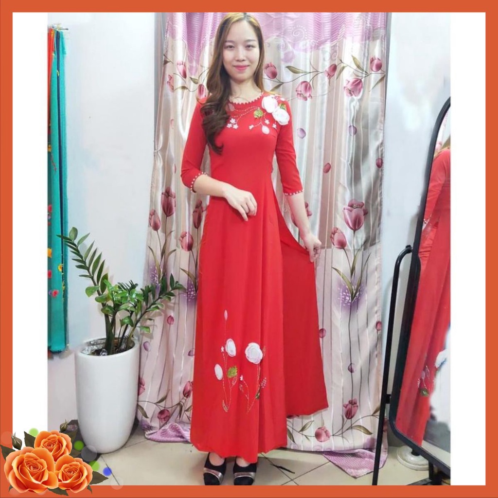 ÁO DÀI TRUYỀN THỐNG HOA DÂY ĐÍNH ĐÁ, VIỀN CỔ VÀ TAY ĐÍNH NGỌC, ÁO DÀI ĐẸP - SANG TRỌNG & QUÝ PHÁI AD2TCFĐ12