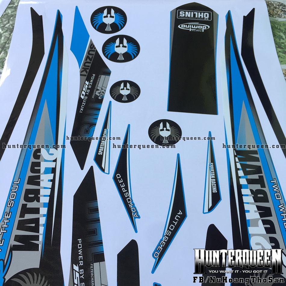 Tem rời dán xe Raider Xăng Cơ màu xanh ngọc. Decal cao cấp không bay màu. Chủ đề Spartan