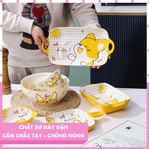 Bộ Bát Đĩa Decor Chén Dĩa Sứ Dễ Thương Đẹp Cao Cấp Hình Chó Corgi 14 món Cực Cute