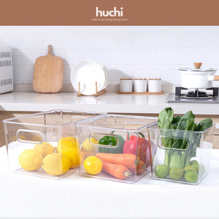 Hộp nhựa trong suốt đựng thực phẩm trong tủ lạnh, khay đựng đồ đa năng có tay cầm, nhựa PET nhiều kích thước