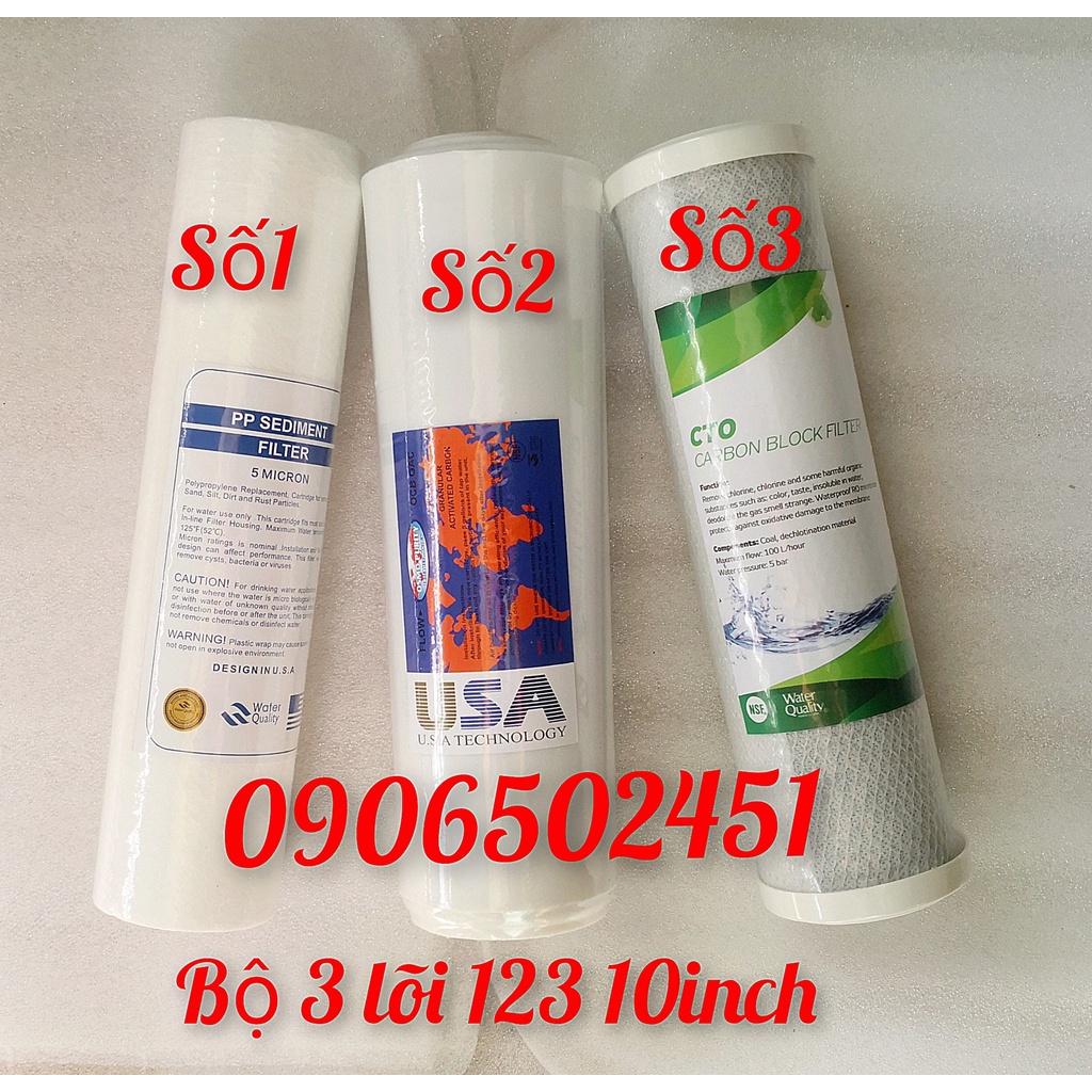 COMBO Bộ lọc nước sinh hoạt 3 cấp 30C3  và Bộ 3 lõi lọc nước số 1 2 3  10INCH