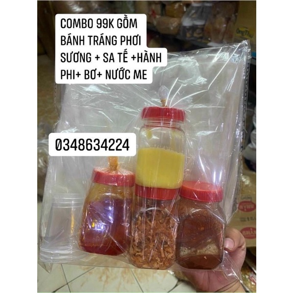 Combo 99k gồm bánh tráng phơi sương, sa tế, hành phi, bơ, nươc me