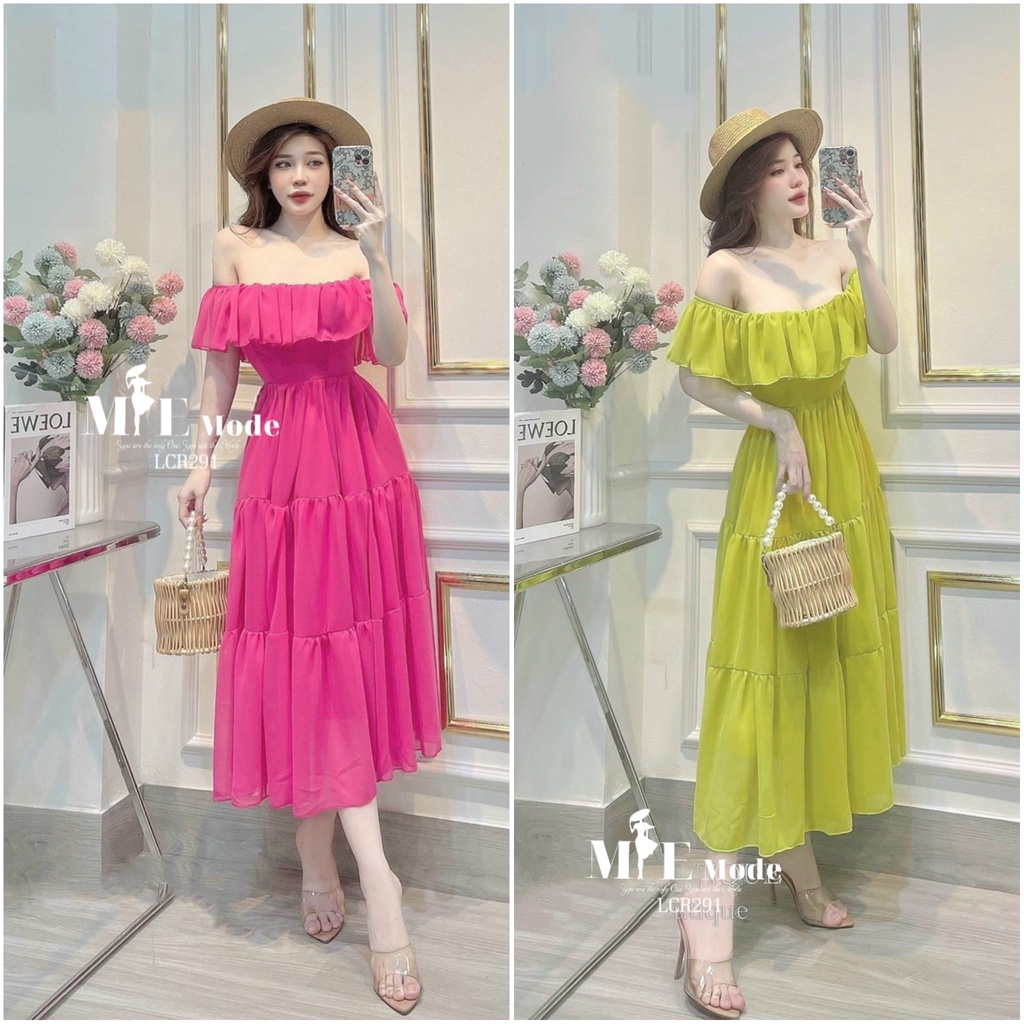 Đầm maxi trễ vai đũi tầng chun eo co dãn dáng dài sang chảnh - Váy trễ vai đi biển chun lưng freesize xanh hồng dạo phố