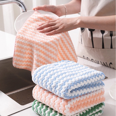 Microfiber Cleaning Cloth Rag Coral Fleece Striped Dish Towel  Super Absorbent Thicken Hand Towel  Household Cleanning Tools