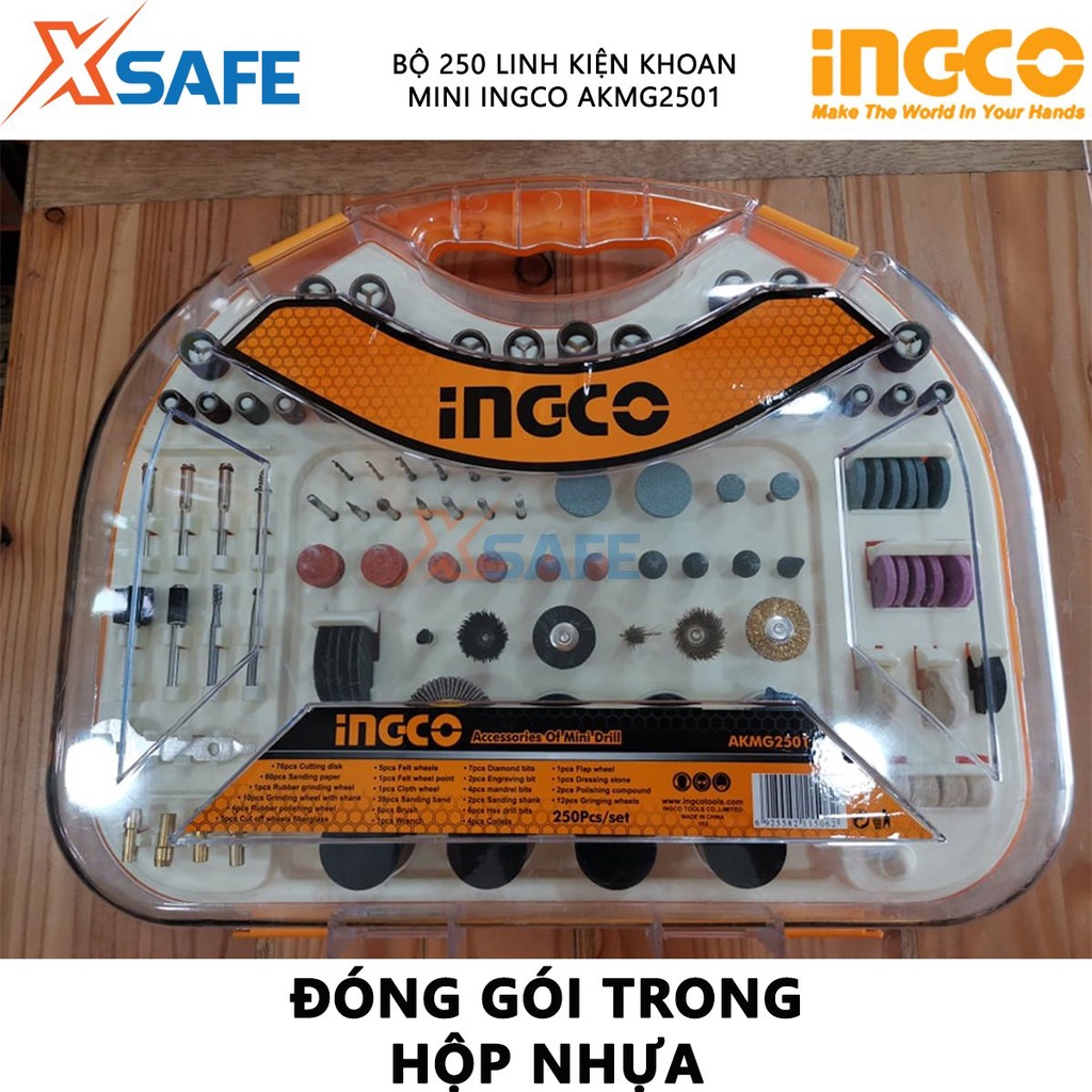 Bộ 250 linh kiện khoan mini INGCO AKMG2501 Bộ phụ kiện khoan mini 250 món, đóng gói hộp nhựa chắc chắn - [XSAFE]