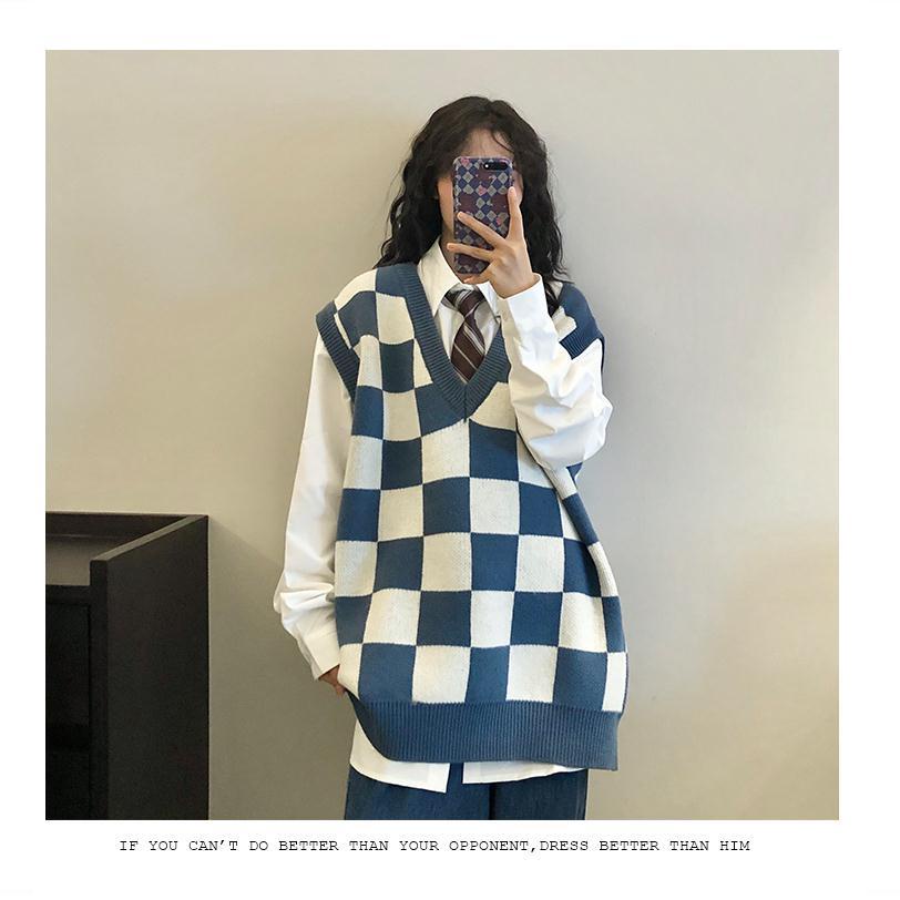 【Keroro】Áo Gile len đan nữ Cổ tim Kẻ sọc Caro Form rộng Phong cách | BigBuy360 - bigbuy360.vn