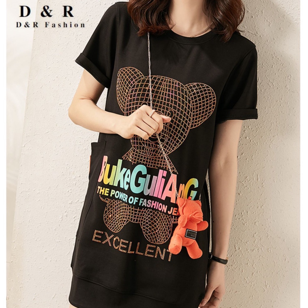 Váy thun, đầm suông cổ tròn họa tiết thuê hàng nhập chính hãng DR Fashion có size M L XL XXL