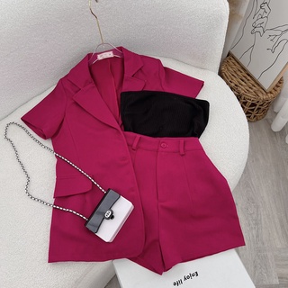 Set 3 món : áo khoác form vest + áo ống đen + short hồng tím