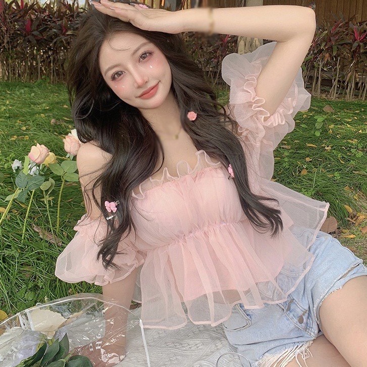 Áo kiểu nữ tay phồng phong cách Hàn dễ thương, áo trễ vai hàn quốc chất voan tơ 2 lớp bồng bềnh dày dặn CR11