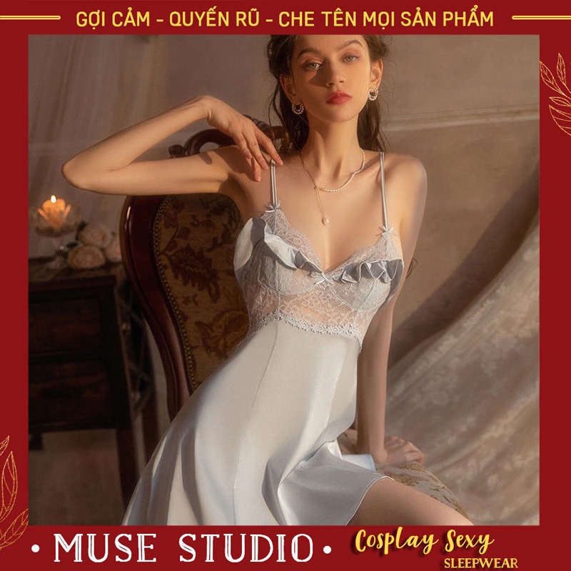 Váy ngủ sexy, Đầm ngủ đẹp bèo ngực phối ren có đệm ngực vải satin cao cấp