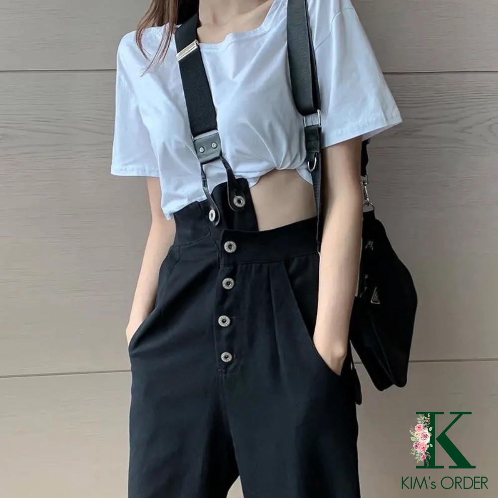 Quần yếm jean nữ màu đen trắng cạp cao form rộng  ống dài suông phối cúc phong cách Ulzzang Hàn Quốc cá tính năng động