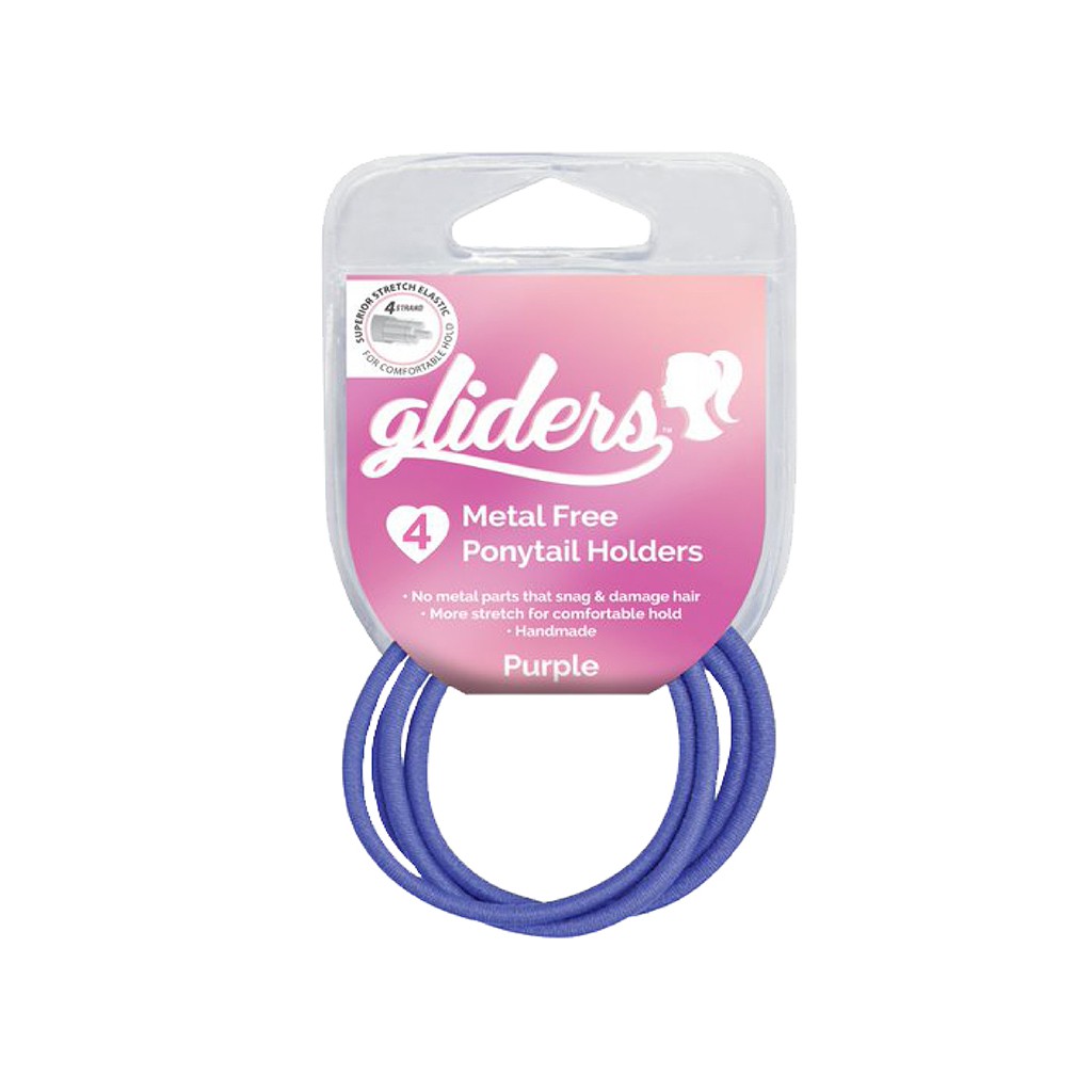 Bộ 4 dây cột tóc cao su Gliders tím, hồng co giãn tốt, êm chân tóc, giảm gãy rụng tóc khi cột