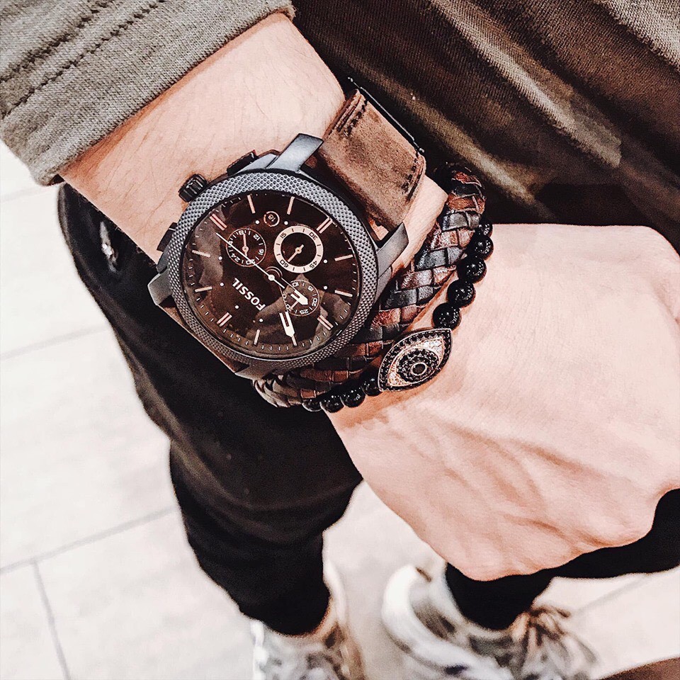 Đồng hồ nam chính hãng Set Fossil , dây da màu nâu - Máy Quartz pin - Mặt kính cứng