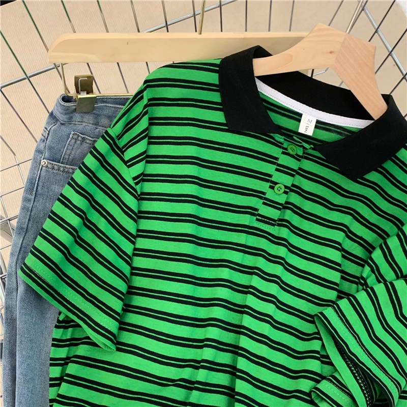 SUXI Áo polo Ngắn Tay Dáng Rộng Họa Tiết Kẻ Sọc Tương Phản Thời Trang Mùa Hè Cho Nữ