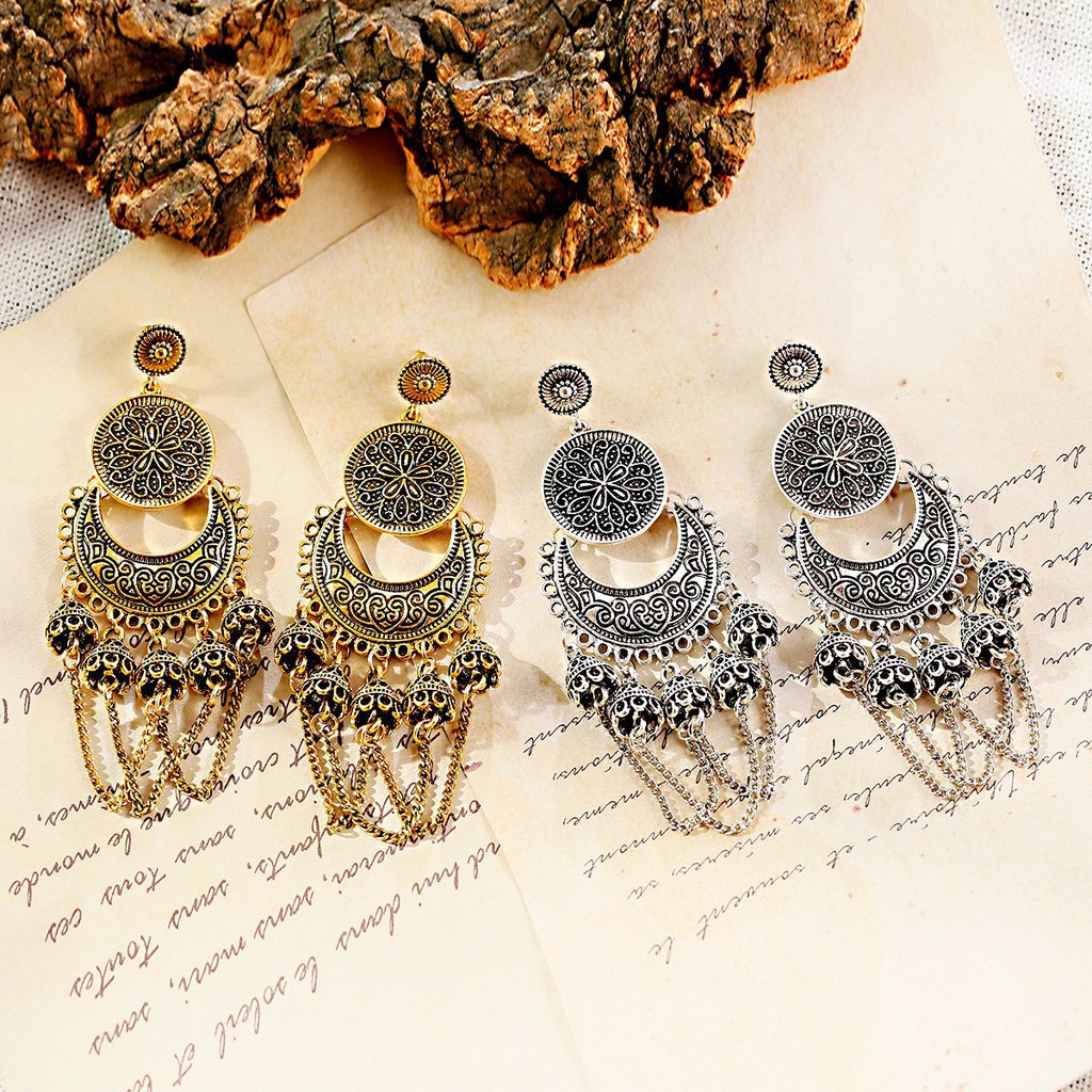 Bông tai đôn hoàng thả dài phong cách boho, Mông Cổ - Tây Tạng