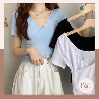 Áo Croptop Cổ V Tay Ngắn Dáng Ôm Thiết Kế Dây Đan Chéo Phong Cách Hàn Quốc