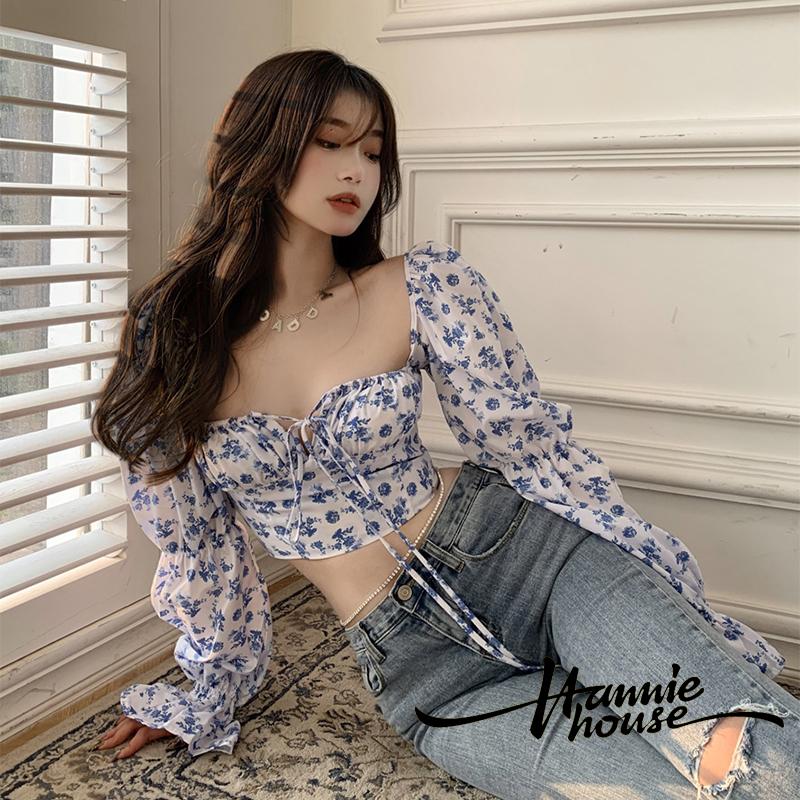 Áo kiểu croptop tay dài cổ vuông in họa tiết hoa phong cách Hàn Quốc thời trang dành cho nữ