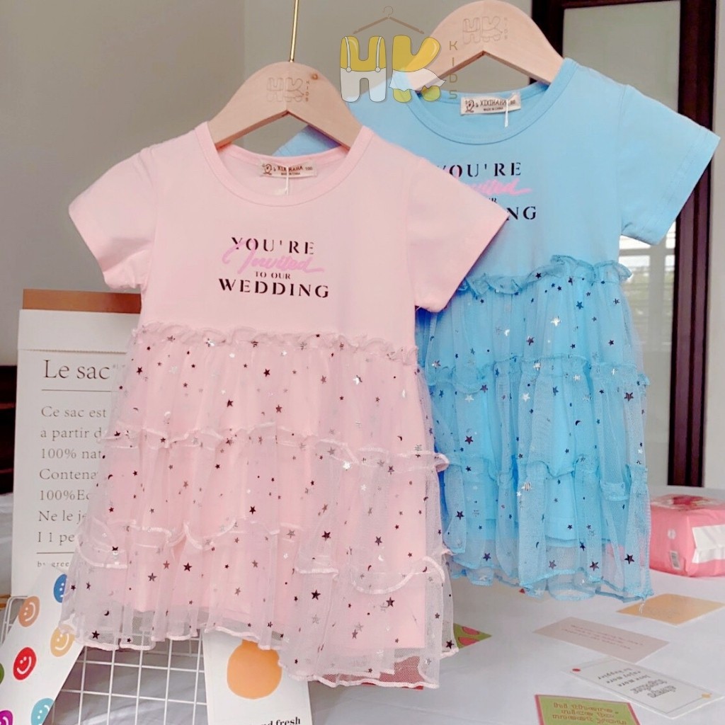 Váy đầm công chúa chất cotton kèm lớp voan đính kim sa xinh xắn cho các bé diện đi học, đi dự tiệc (từ 1 đến 4 tuổi)