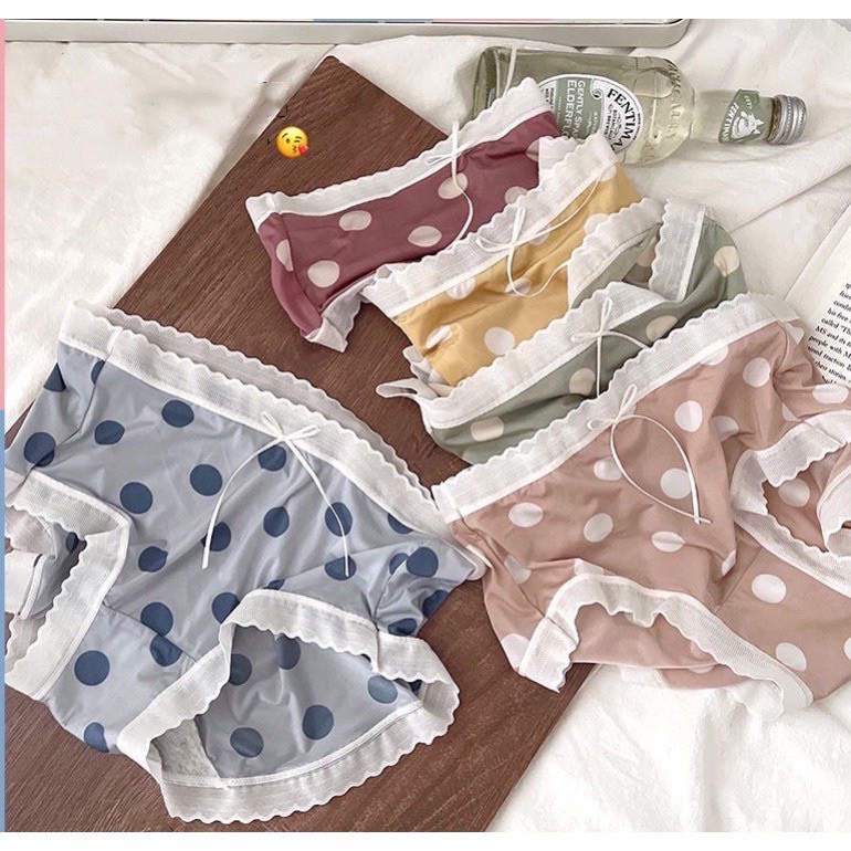 Quần Lót Su Lụa Cao Cấp Họa Tiết Chấm Bi Viền Ren, Mềm Mịn