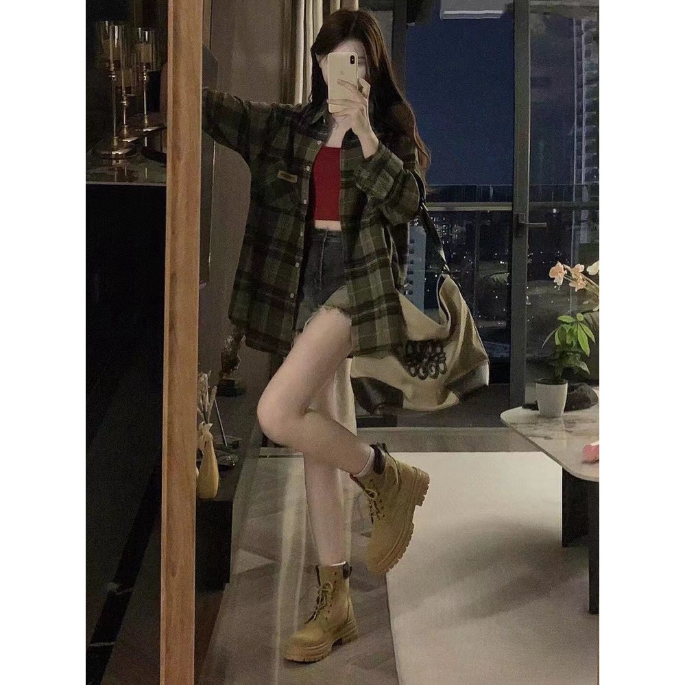 Áo sơ mi công sở nữ Áo Khoác Dáng Rộng Kẻ Sọc Caro Xanh Lá Phong Cách Mới Dễ Phối Đồ Cho Nữ Sinh