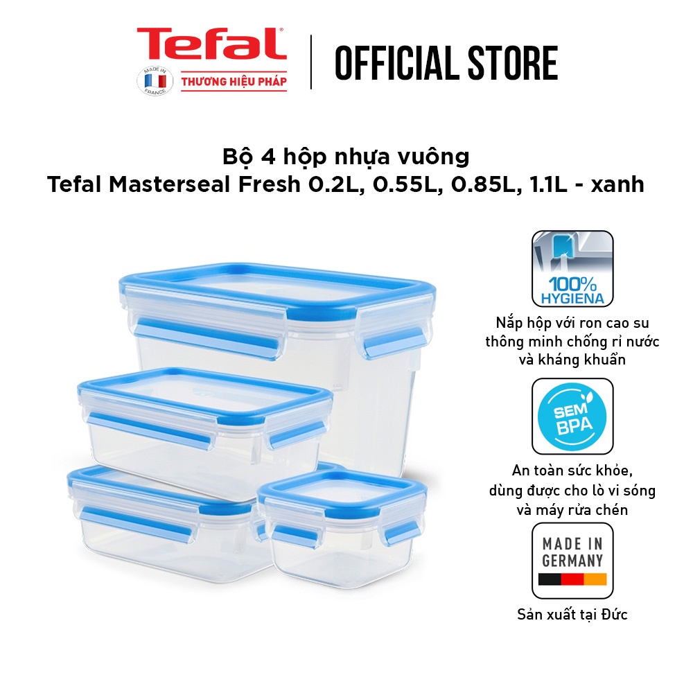 Bộ 4 hộp đựng thực phẩm nhựa, Tefal Masterseal Fresh (200ml, 550ml, 850ml, 1100ml)