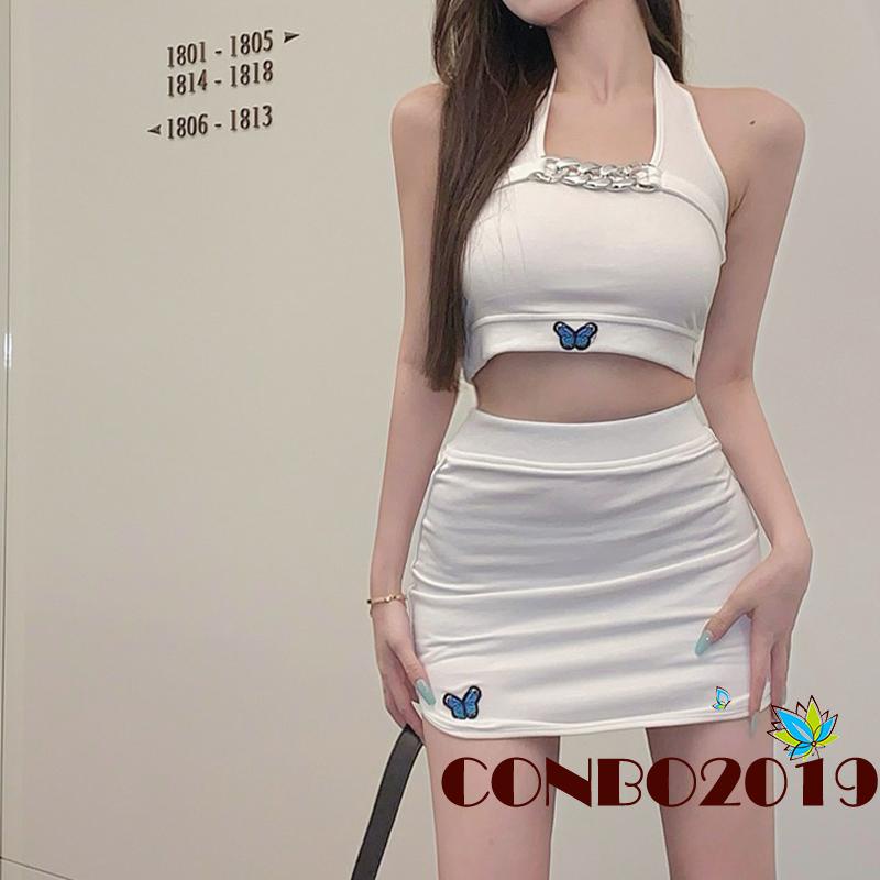 Set Áo Croptop Hai Dây Họa Tiết Bướm + Chân Váy Ngắn Lưng Cao Thời Trang Cho Nữ