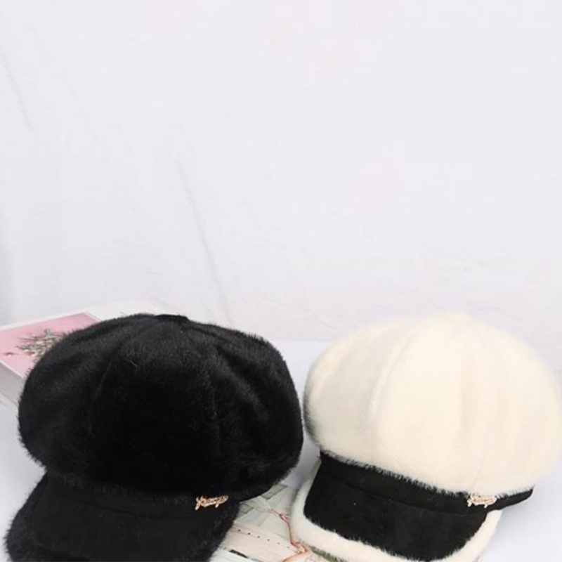 Mũ Beret vải lông chồn màu trơn phong cách thời trang Retro thu đông