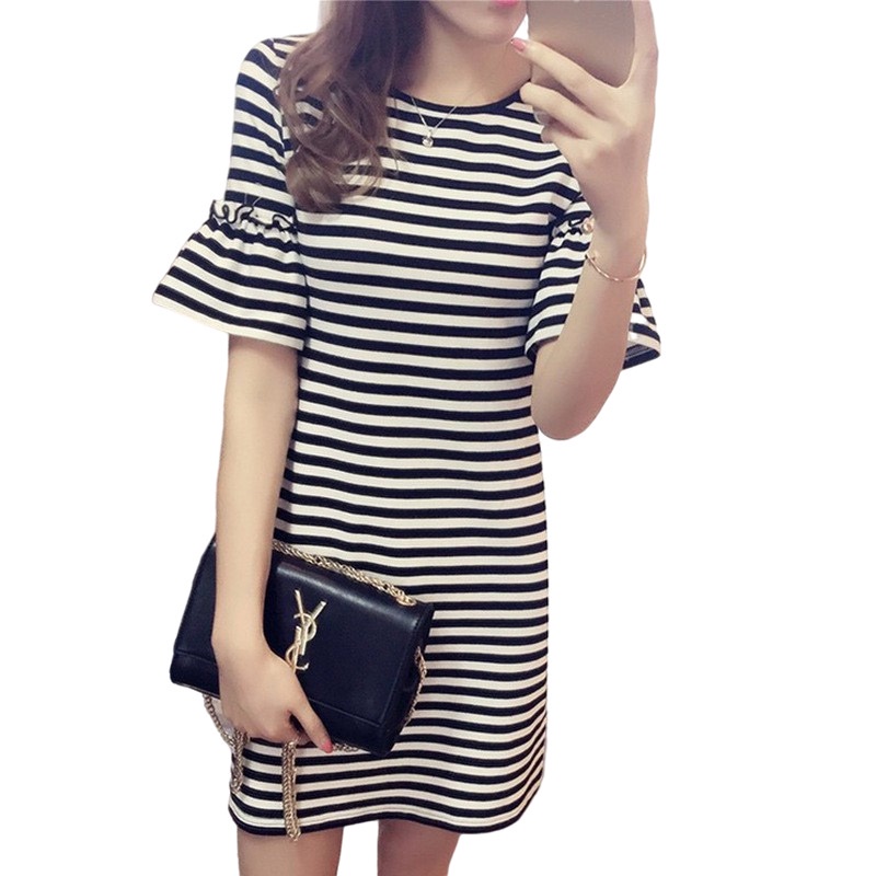 Đầm zxyouping thiết kế tay ngắn sọc ngang thoải mái và thoáng khí