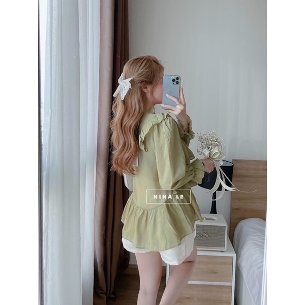 Áo kiểu phối bèo tầng tay dài tay bồng cổ tim màu xanh tôn da thời trang nữ bánh bèo đi chơi du lịch đi biển ngày hè