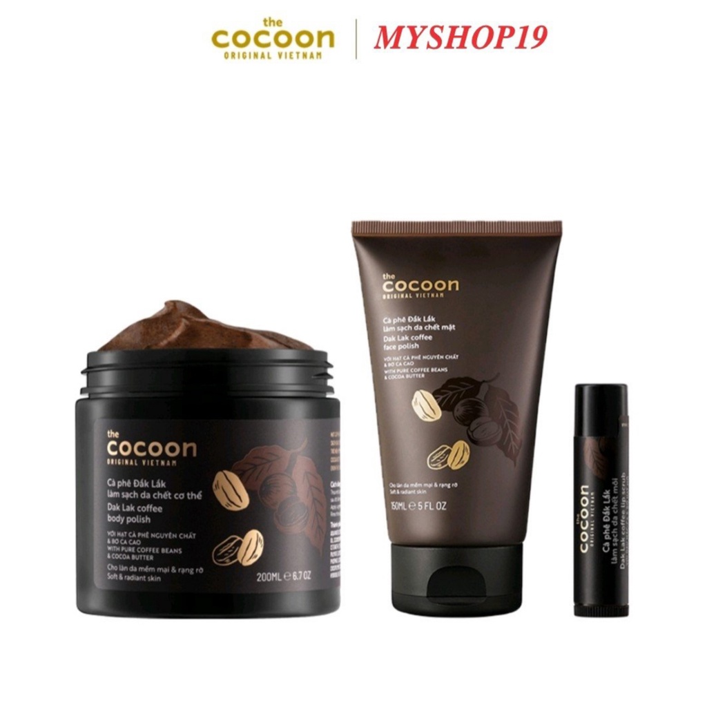 Bộ 3 Cà phê Đắk Lắk tẩy da chết cocoon: Cơ thể 200ml + Da mặt 150ml + Son môi 5g