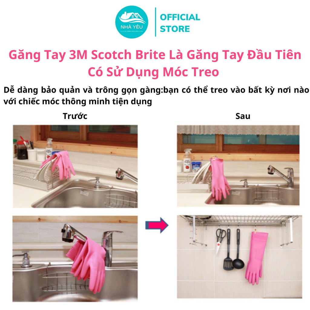 Găng Tay Cao Cấp 3M Scotch Brite Chống Trơn Trượt 36cm Size M-Có Móc Treo Tiện Lợi