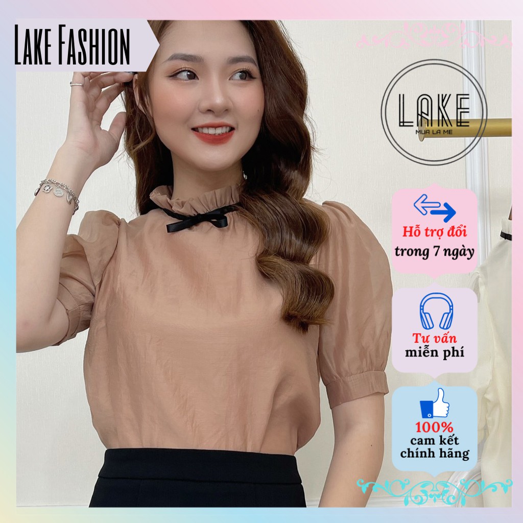 Áo kiểu, áo sơ mi ngắn tay cổ bèo phối nơ xinh xắn Lake Fashion