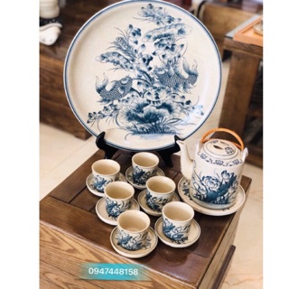 Bộ ấm tích men rạn cổ vẽ sen kèm đĩa cảnh phi 35cm