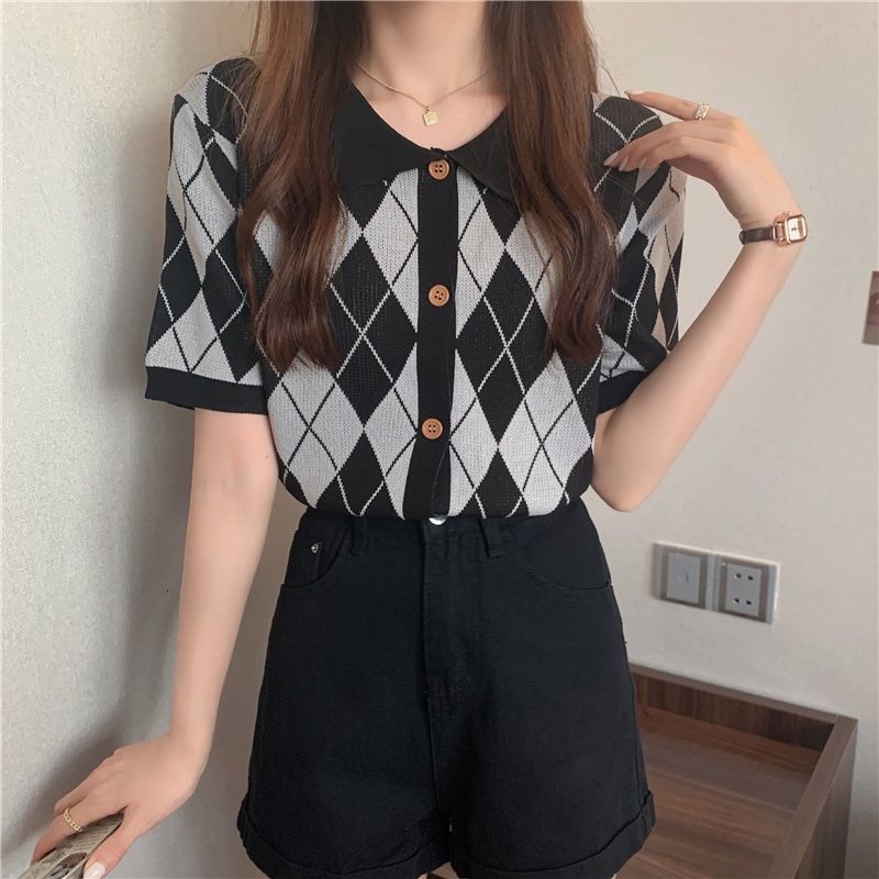 Áo Thun Dệt Kim Tay Ngắn Cổ Bẻ Đính Đá Phong Cách Retro