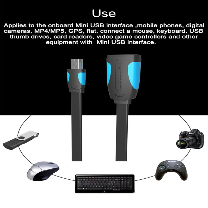 Vention dây cáp OTG 0.1m 0.25m chuyển đổi đầu cắm mini USB sang ổ cắm USB cho máy ảnh/ điện thoại/ máy tính bảng
