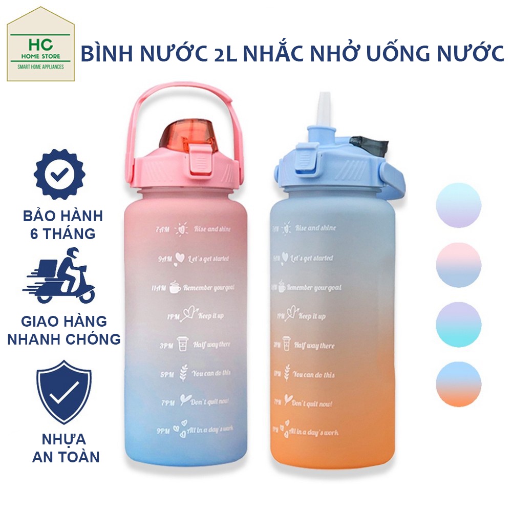 Bình nước 2 lít HCHOME nhắc nhở uống nước, bình đựng nước cho bé cute có ống hút, vạch chia giờ