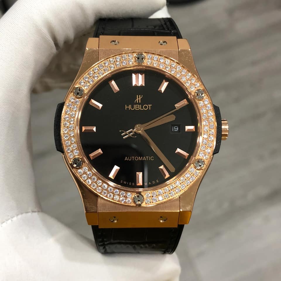 Đồng hồ Nam Hu-blot đính đá kép 2 vành đá máy cơ automatic mặt đen vỏ vàng hồng 42mm | BigBuy360 - bigbuy360.vn