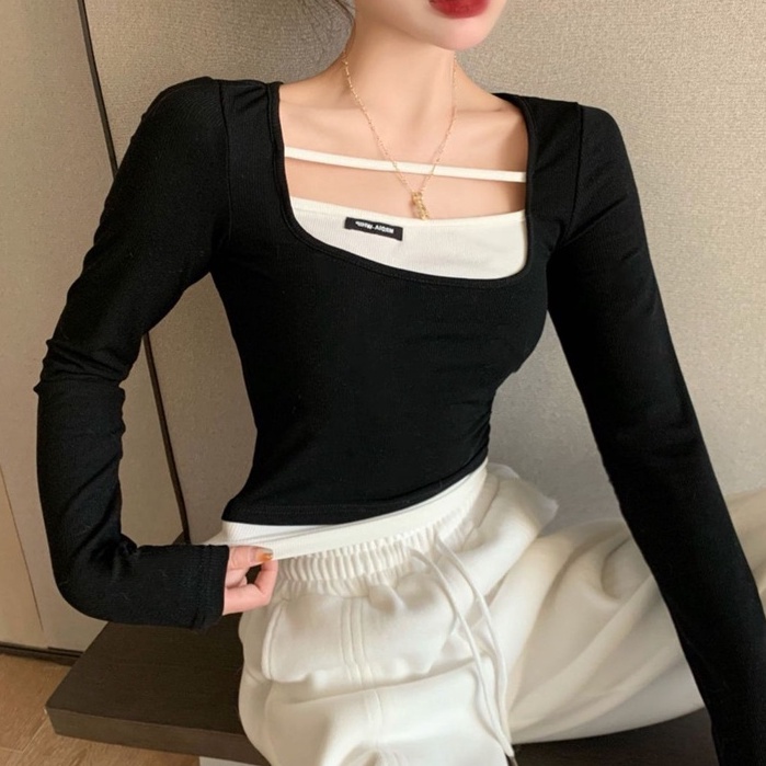 Áo thun tay dài ôm dáng 2 màu tùy chọn thời trang mùa thu Hàn Quốc trẻ trung cho nữ