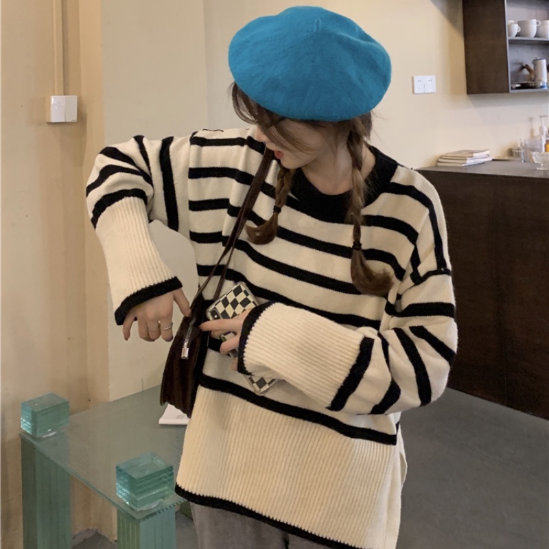 Áo Sweater Dệt Kim Dáng Rộng Kẻ Sọc Kiểu Hàn Quốc Thời Trang Mùa Thu Cho Nữ