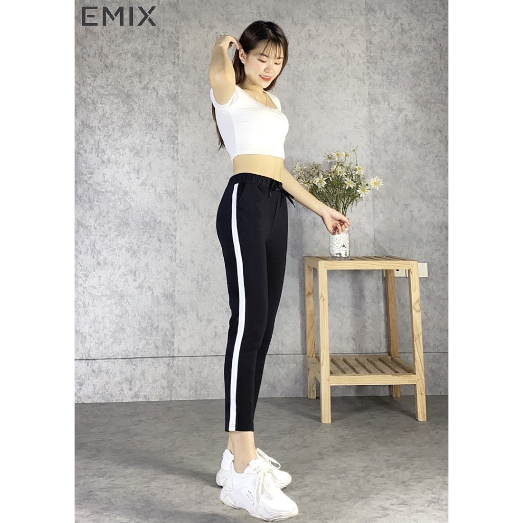 Quần thể thao nữ 1 sọc  trắng EMIX (màu đen), cạp chun thoải mái, chất umi co giãn tốt, cá tính, trẻ trung