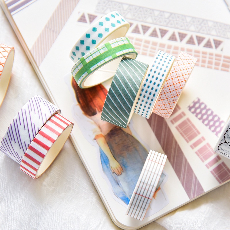 Hộp 10 cuộn washi tape + sticker nhiều hình cute dễ thương, băng dính washi tape CREAMY