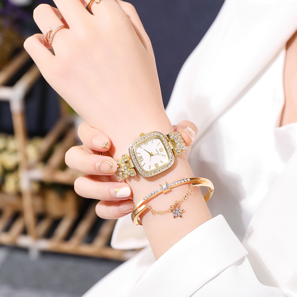 Đồng Hồ Mặt Vuông Đính Đá Với Dây Đeo Thép Không Gỉ Thời Trang